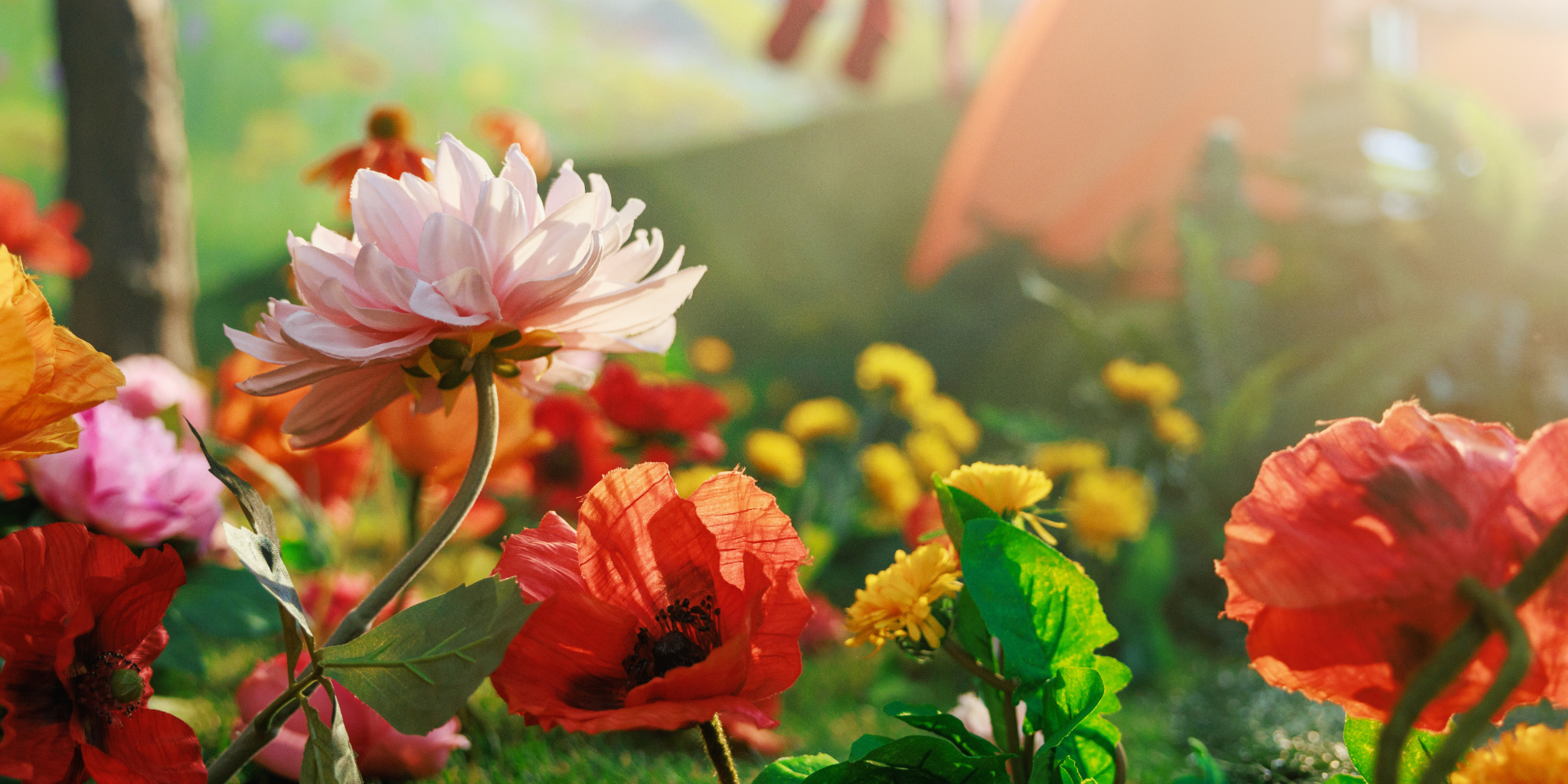 Close-up of pink, red, and yellow flowers in a sunlit garden, creating a vibrant and lush springtime scene.