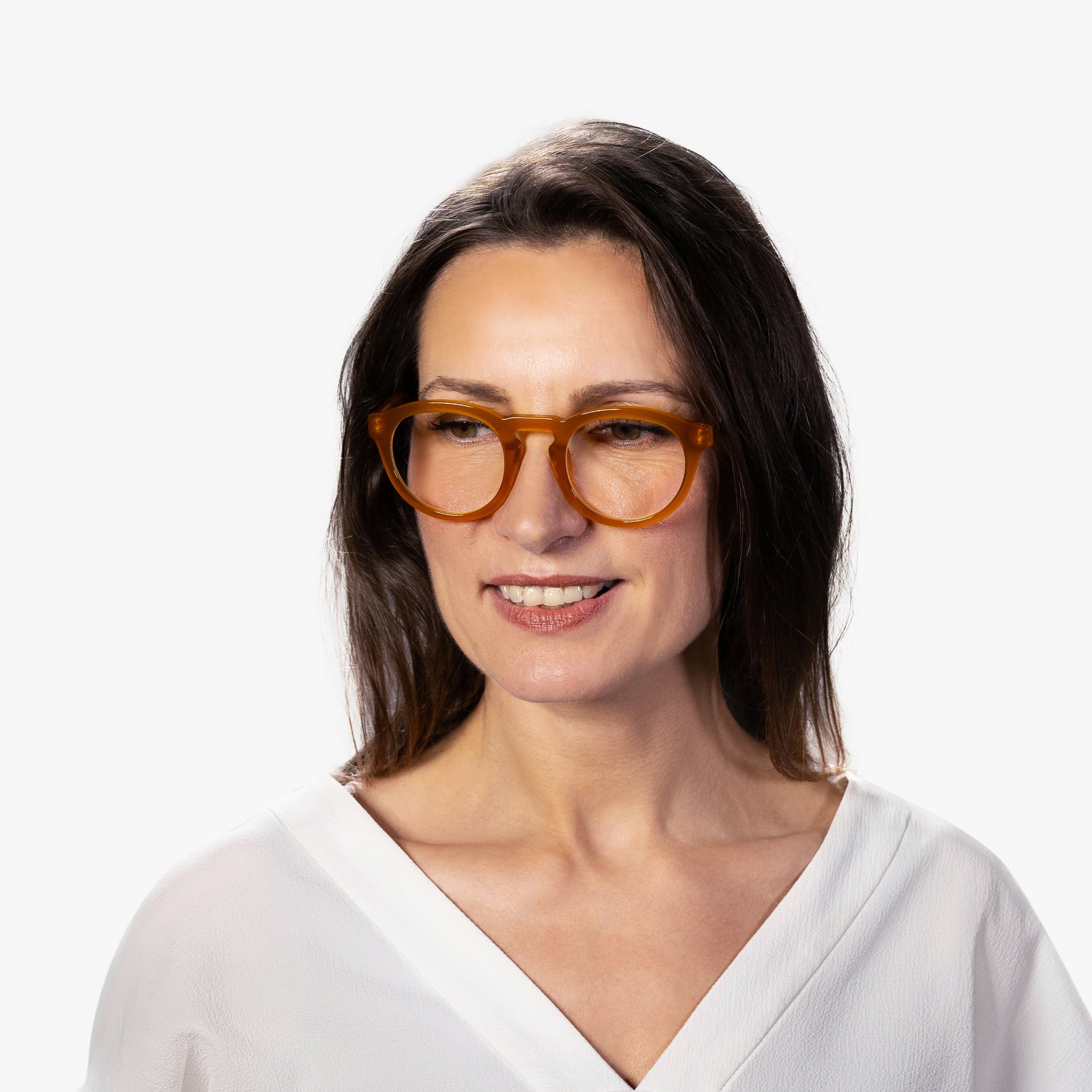 Luxreaders stylish Gråsten Crystal Honey Reading glasses. Made from Bio-acetate in a Round shape.