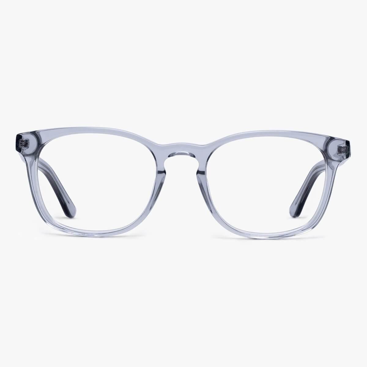 Square crystal grey reading glasses with a modern style