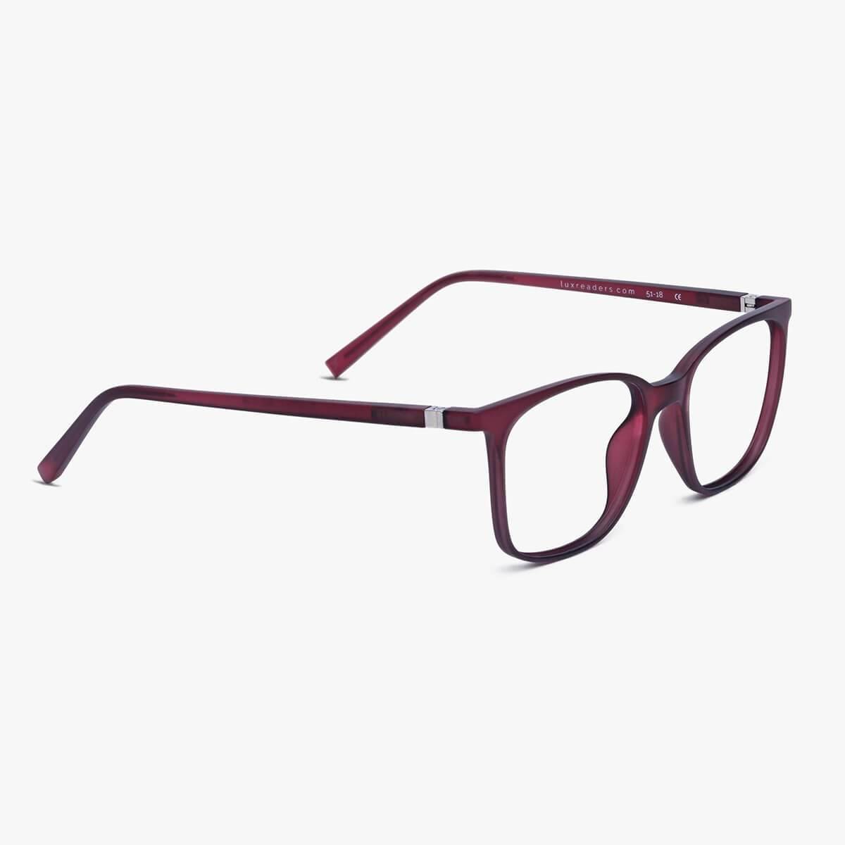 Fyn Red rectangular reading glasses with a maroon frame and silver accents