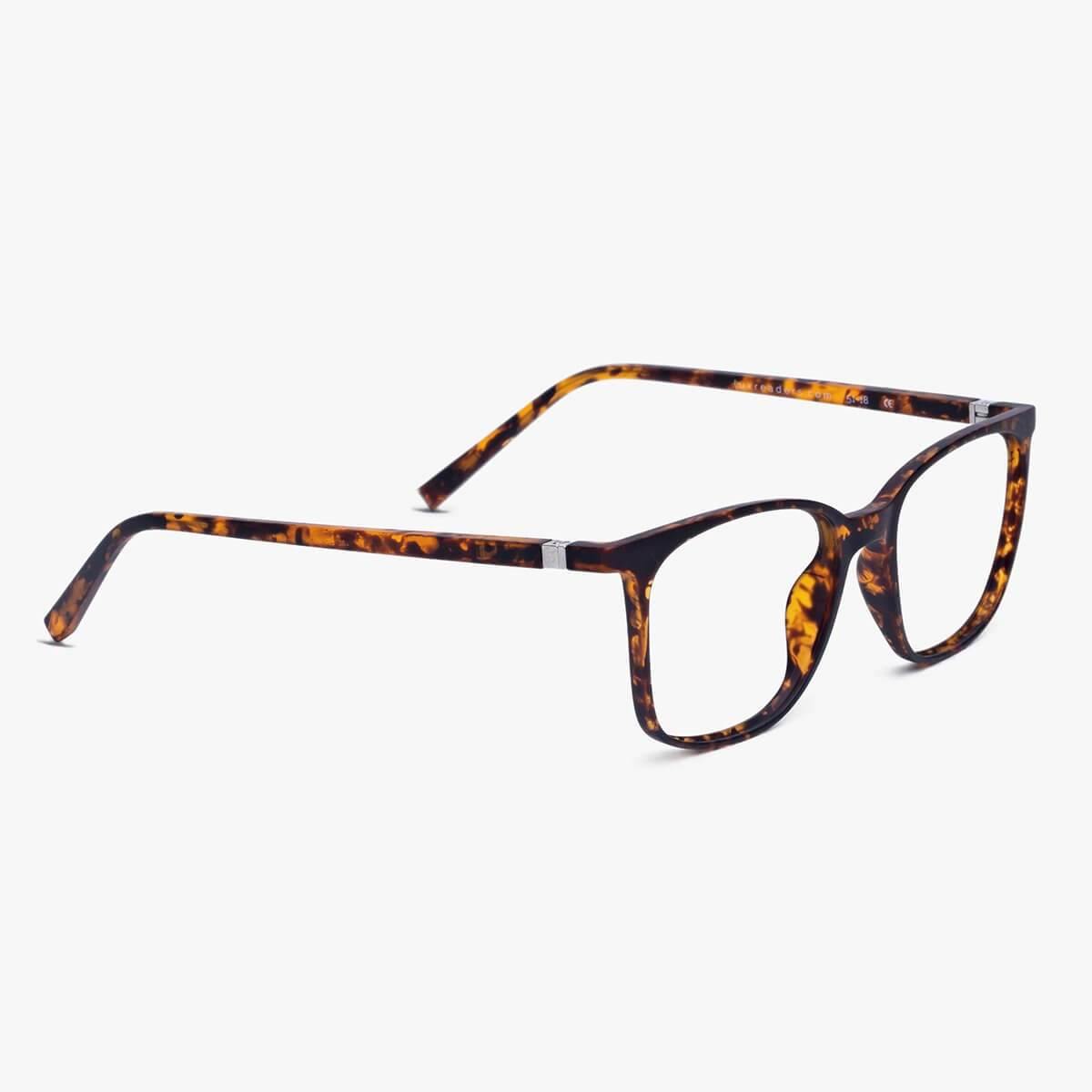 Tortoiseshell pattern glasses with square lenses called Fyn Turtle