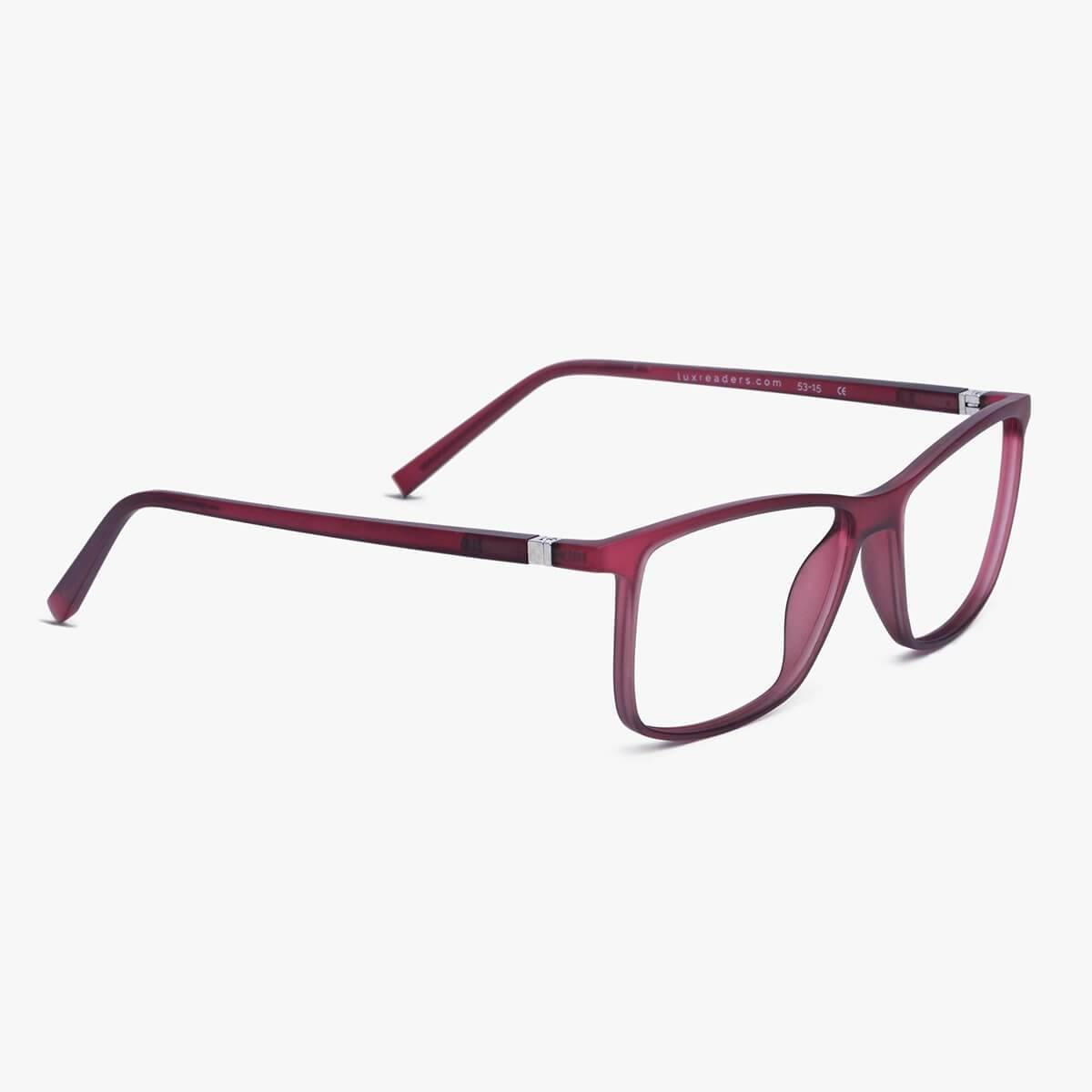 Red rectangular reading glasses with thin temples by Luxreaders