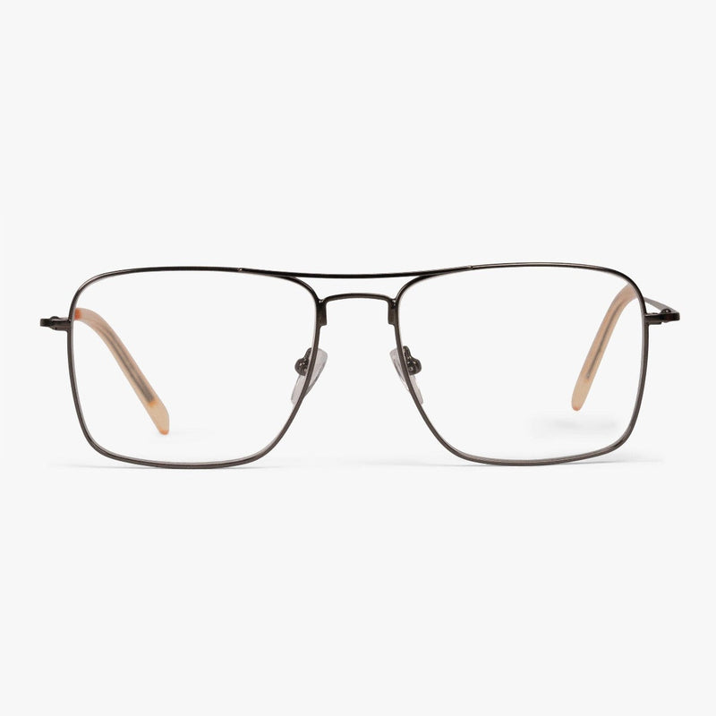 Rectangular black metal reading glasses with thin temples