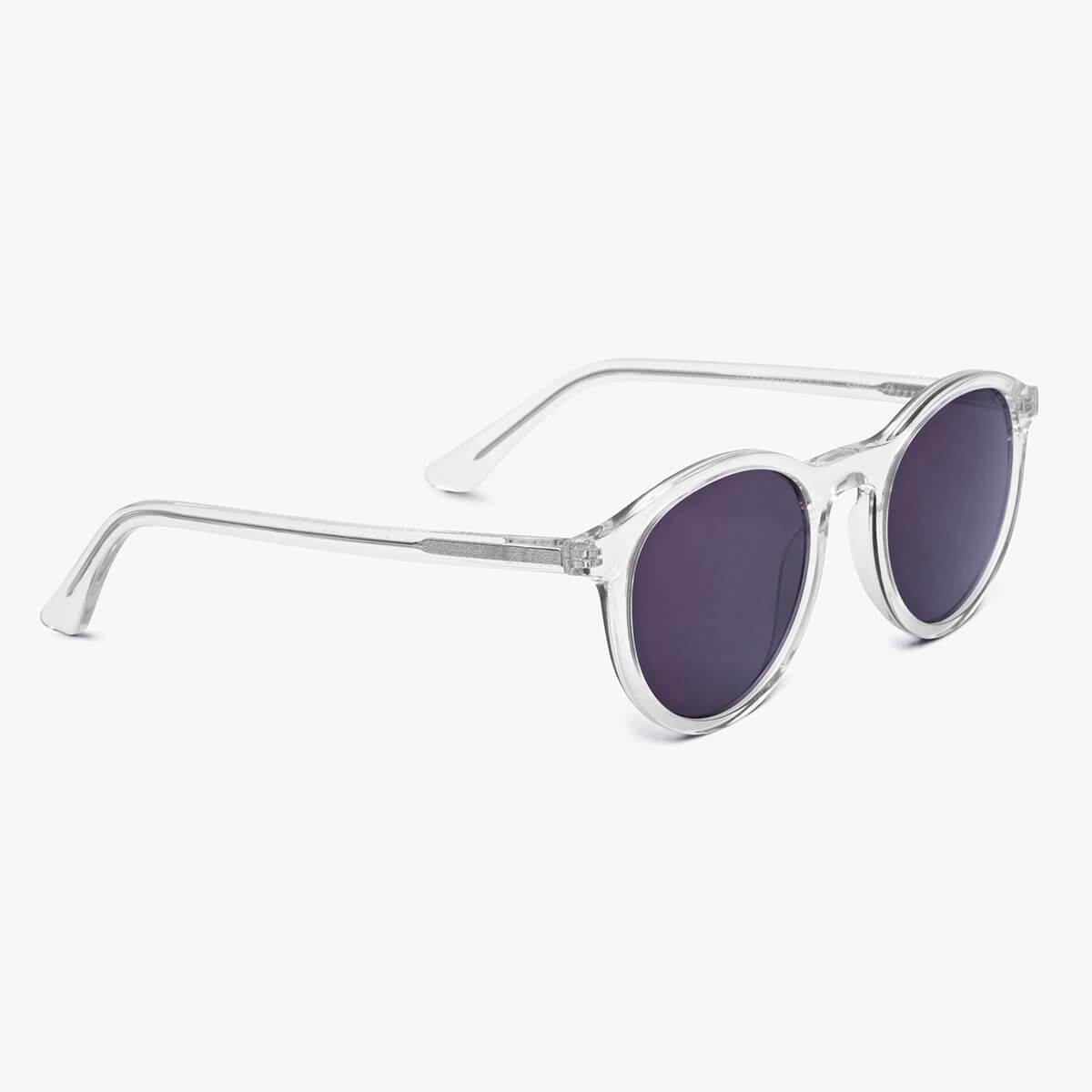 Løkken Crystal White round sunglasses with clear frames and dark lenses