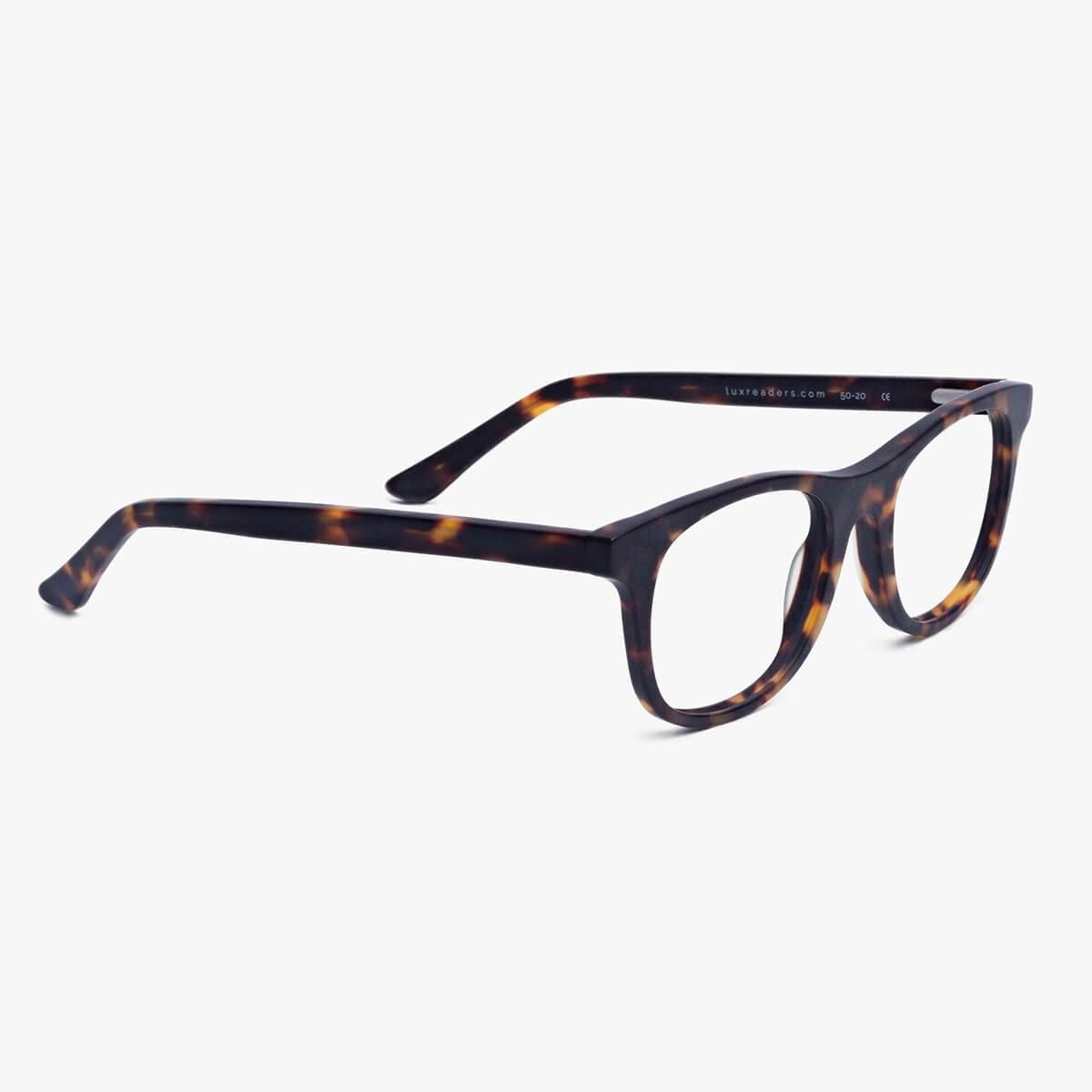 Malmö Dark Turtle glasses with tortoiseshell pattern and Luxreaders logo