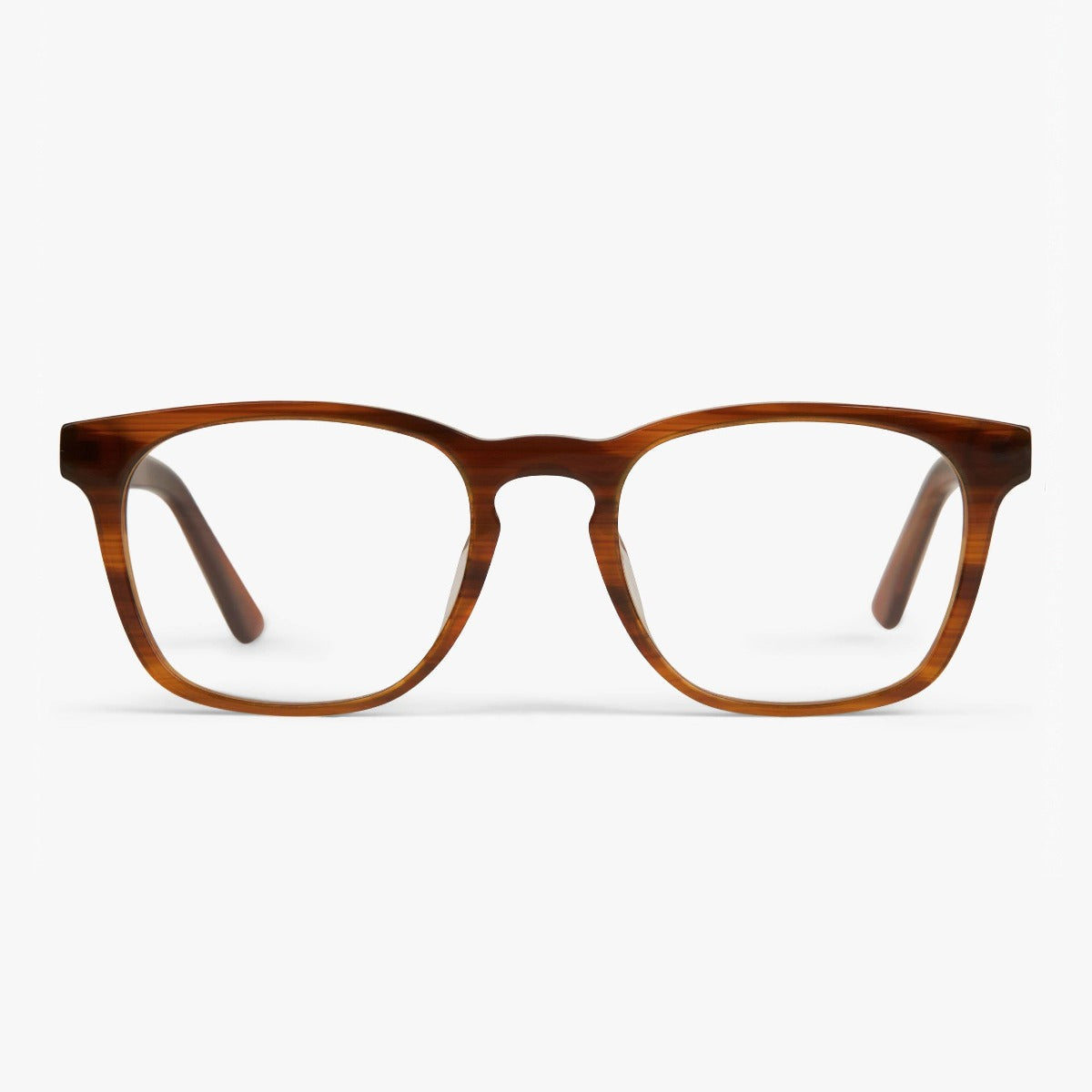 Men's walnut-colored rectangular glasses with a shiny finish
