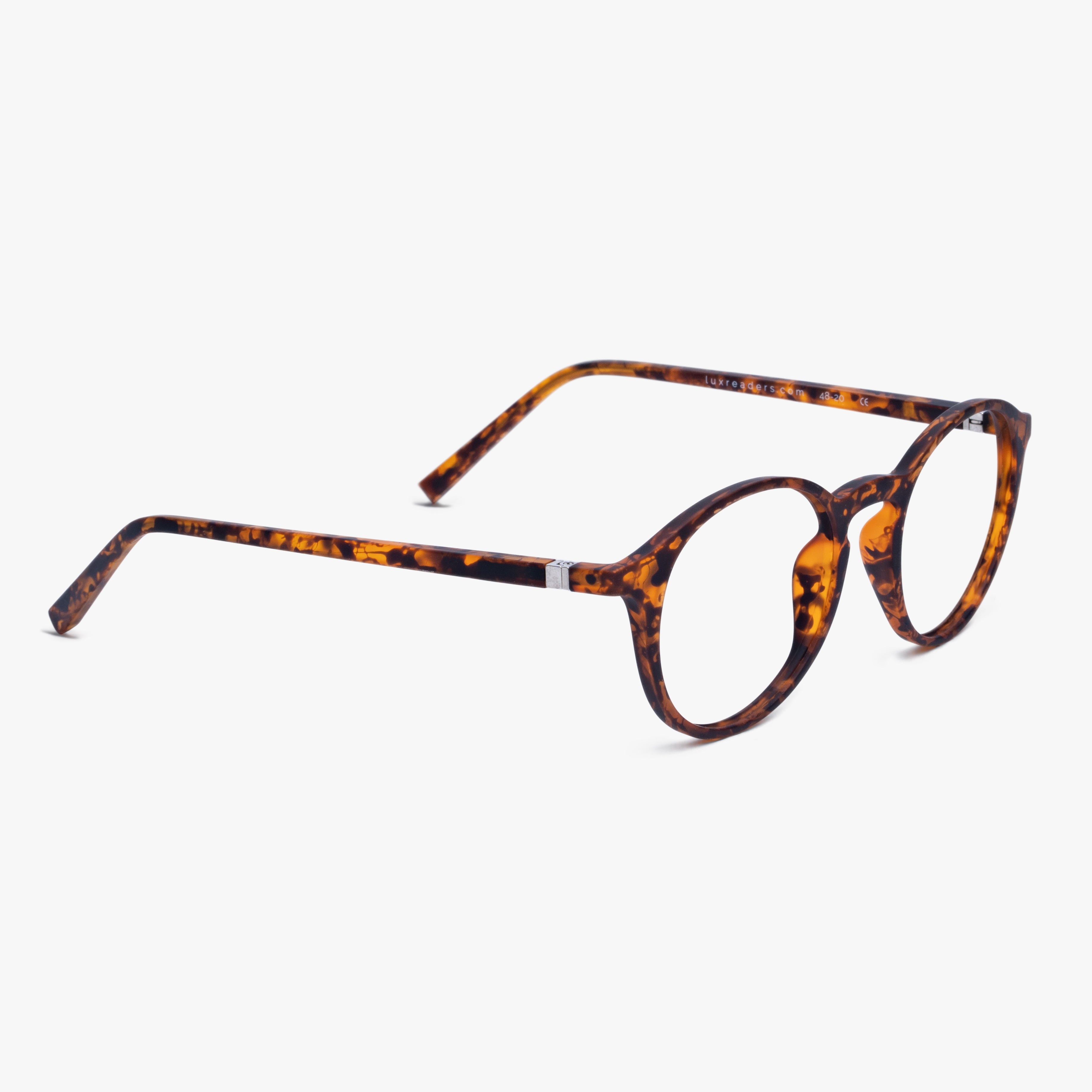 Tortoiseshell reading glasses with round frames and Luxreaders logo