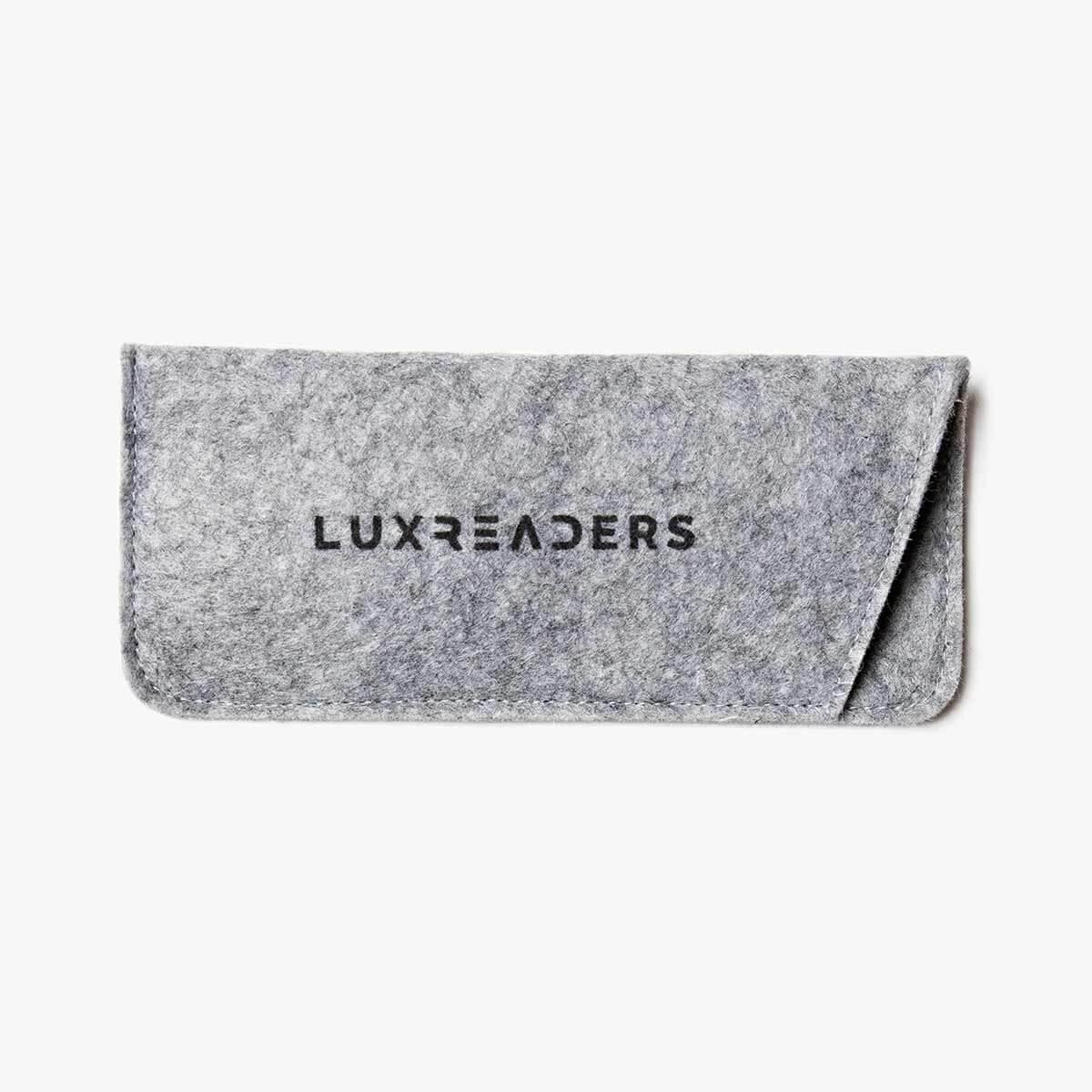 Gray felt case for Men's Malmö Black glasses with Luxreaders logo