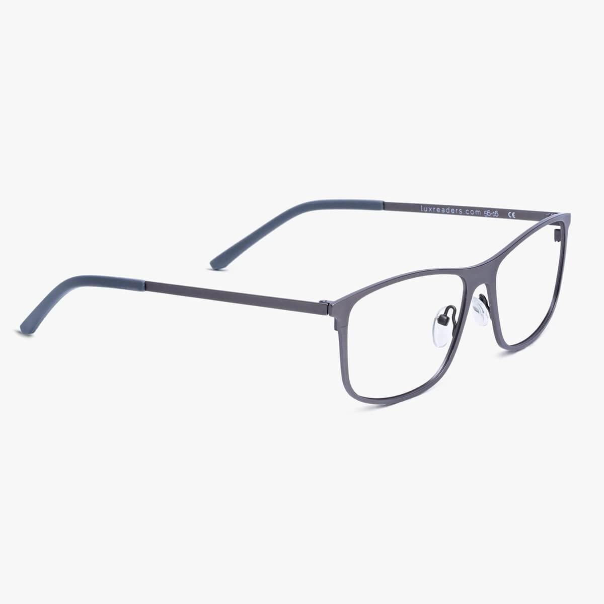 Men's Møn Gun square grey glasses with Luxreaders text on the temple