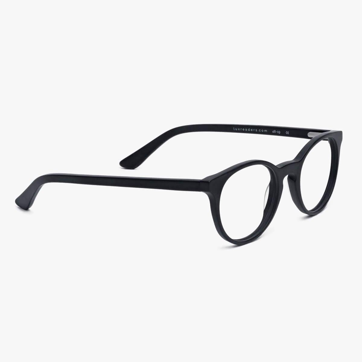 Örebro black reading glasses with matte black frames and Luxreaders branding