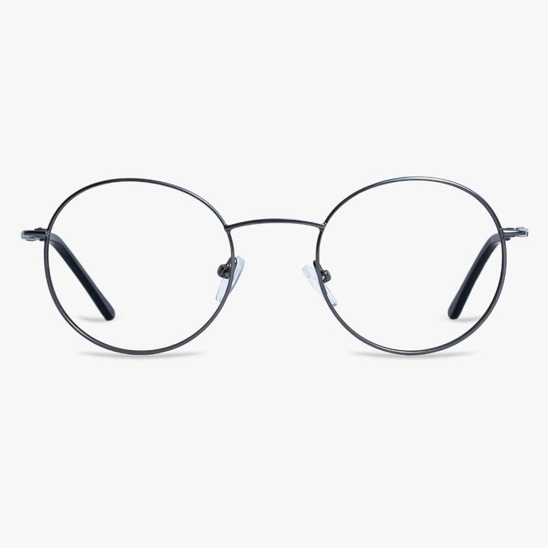 Round black metal glasses with thin temples