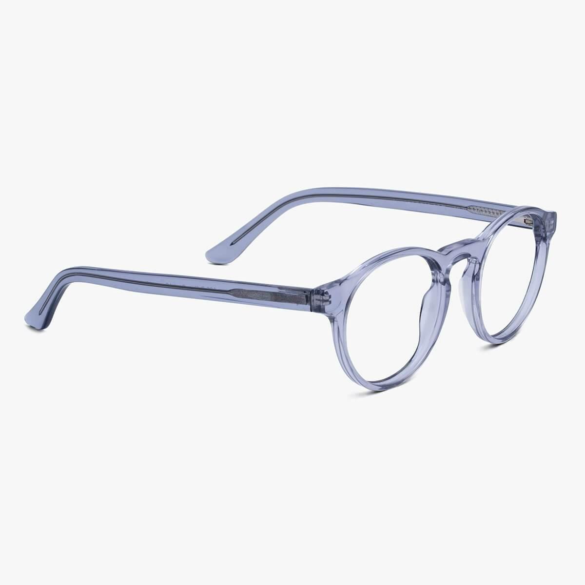 Round crystal grey reading glasses with translucent frame