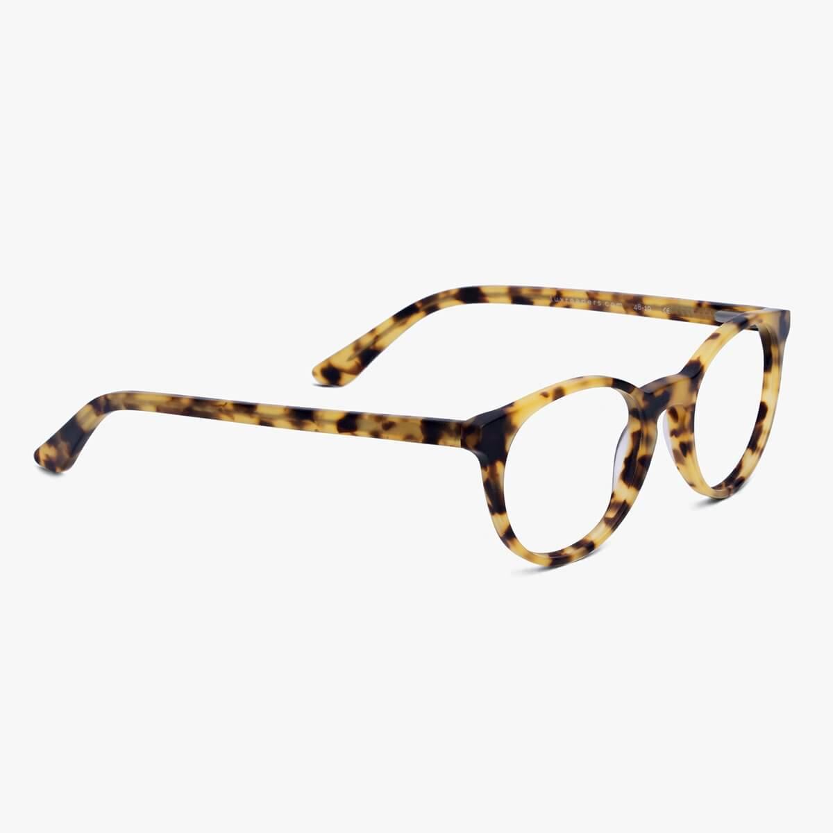 Tortoise shell reading glasses with round frames and curved temples