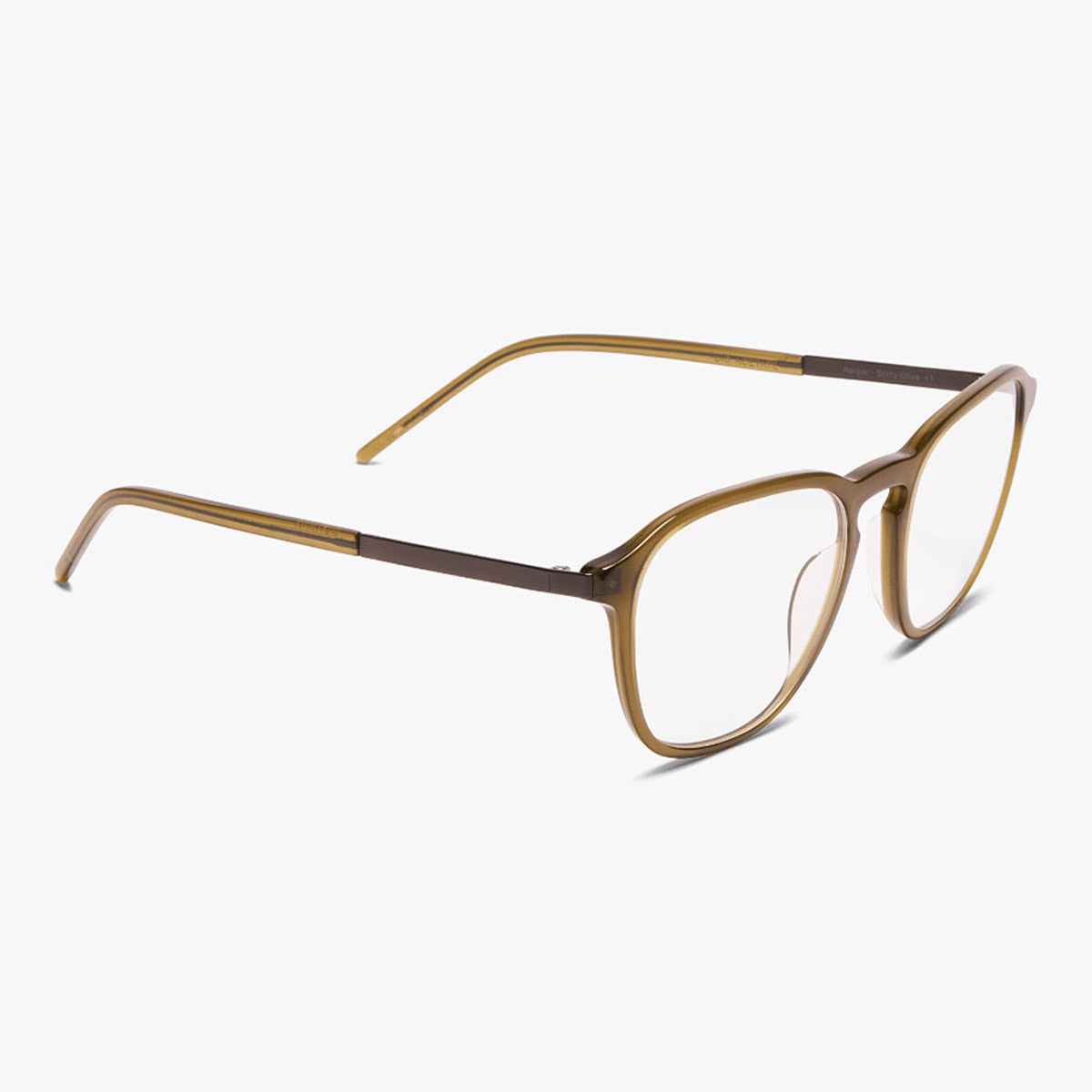 Rønne Shiny Olive eyeglasses with olive-colored frames and slim gold temples