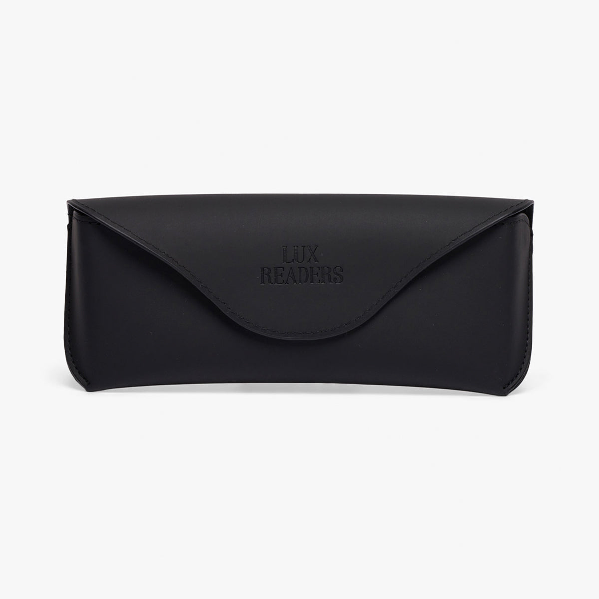 Black glasses case with Luxreaders branding