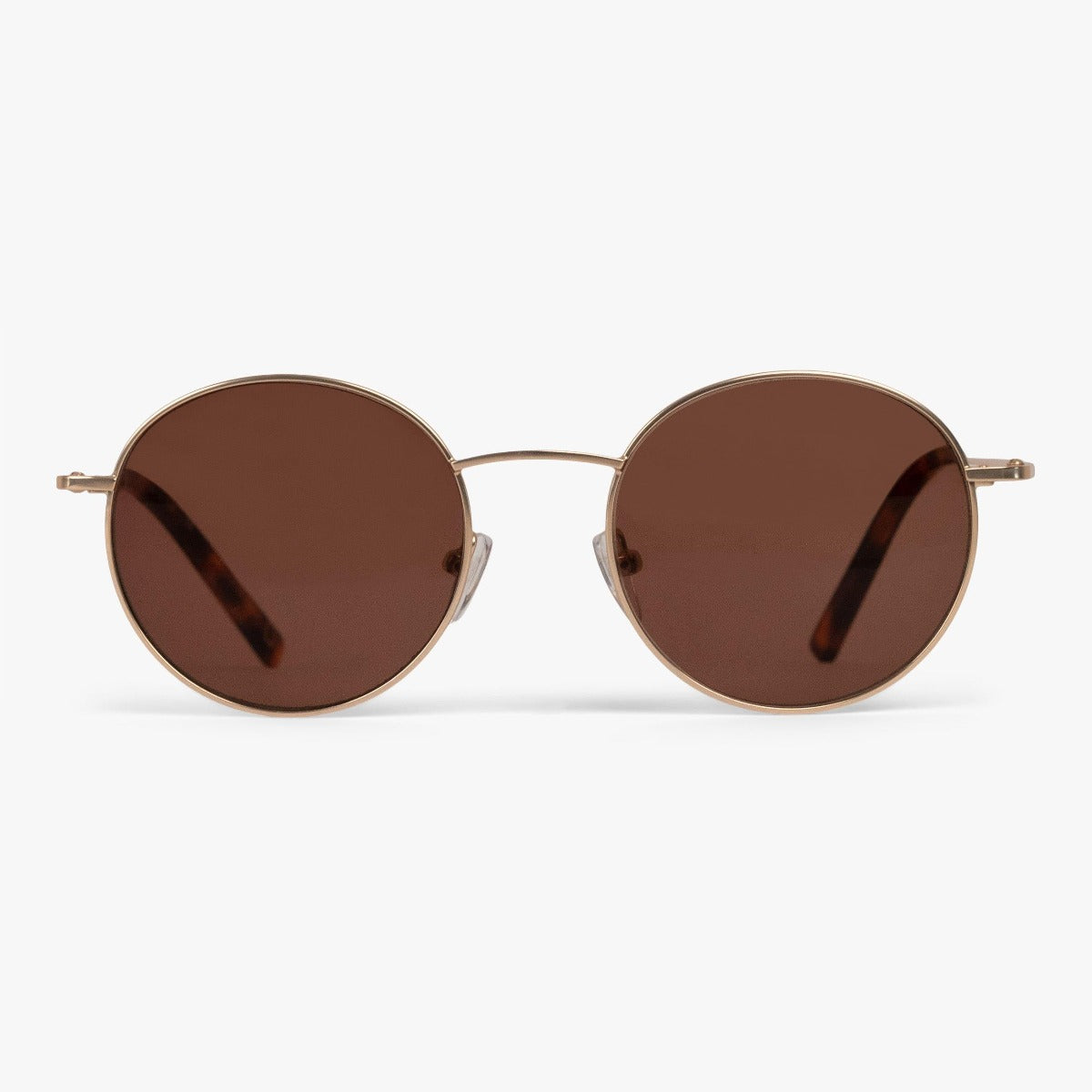 Round gold sunglasses with brown lenses and thin metal temples