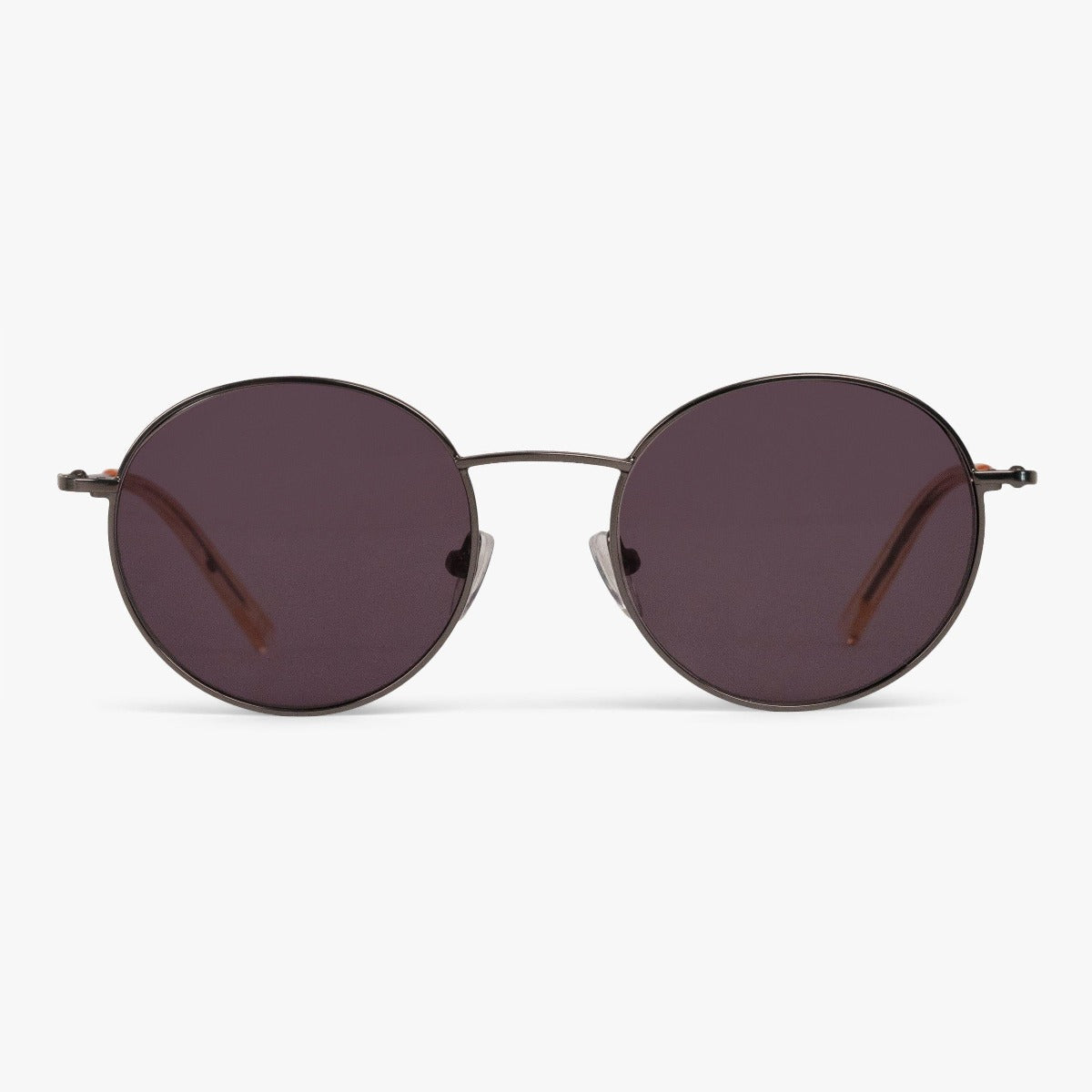 Round sunglasses with dark tinted lenses and sleek metal frame