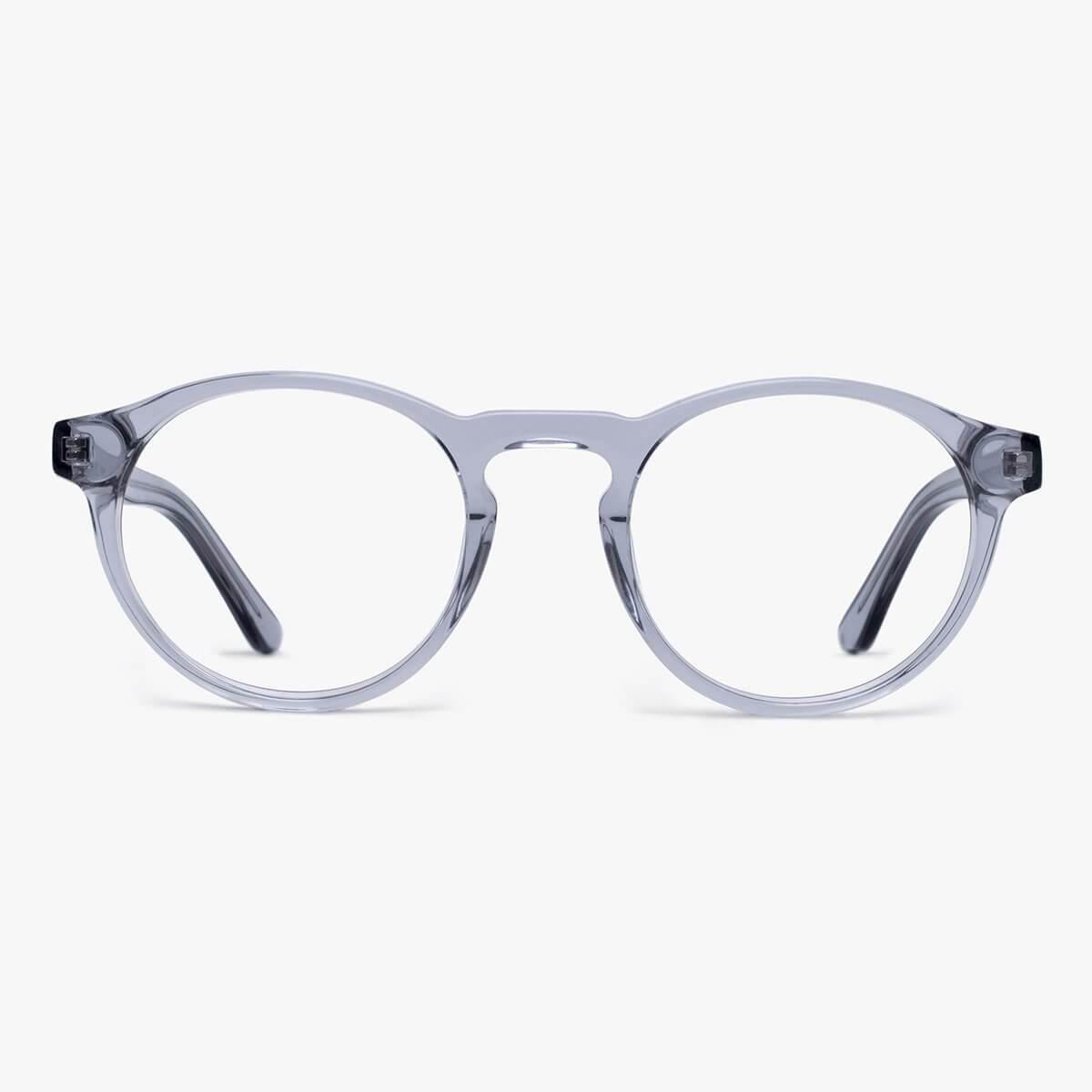 Round crystal grey glasses with a minimalist design