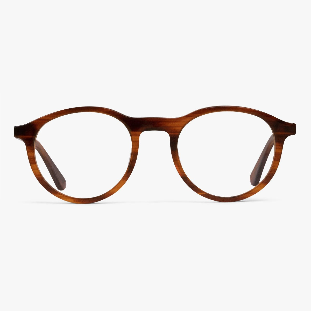 Luxreaders stylish Løkken Shiny Walnut Reading glasses. Made from Acetate in a Round shape.