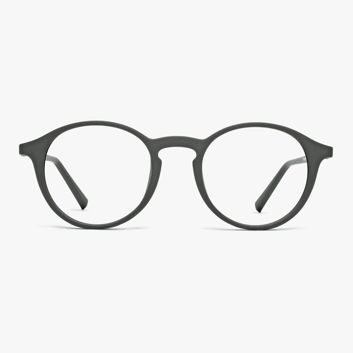 Round dark army reading glasses with matte finish