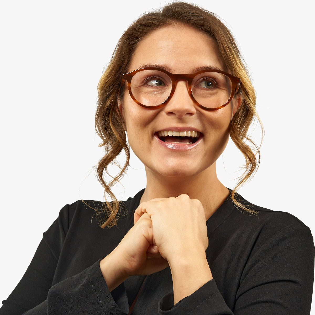 Person wearing Women's Løkken Shiny Walnut glasses