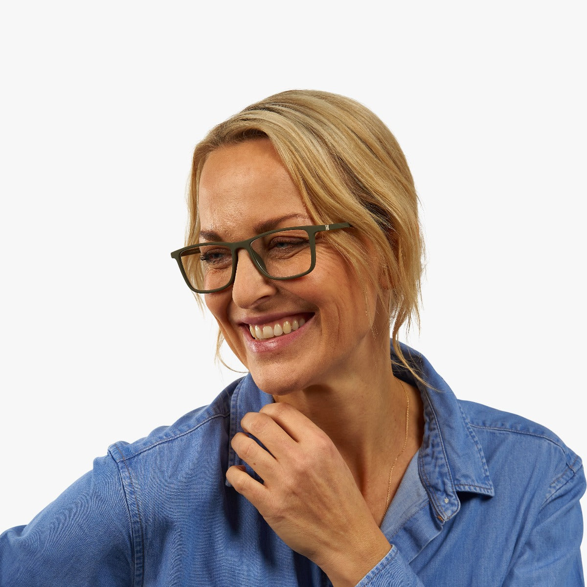Person wearing Women's Skagen Dark Army reading glasses