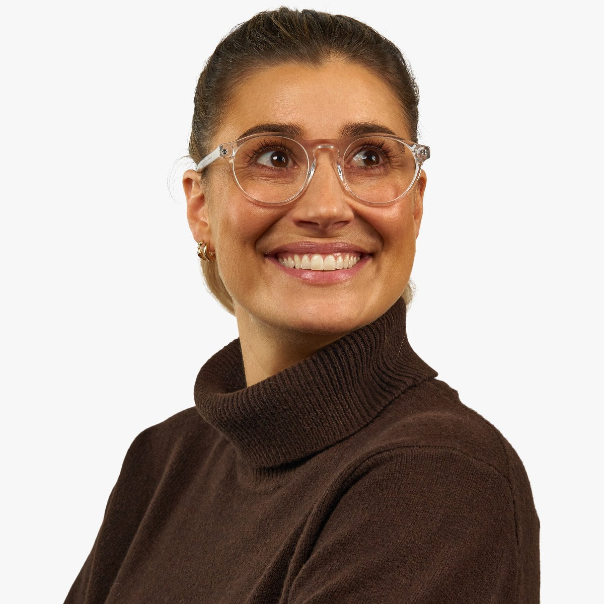 Person wearing Women's Trondheim Crystal White glasses