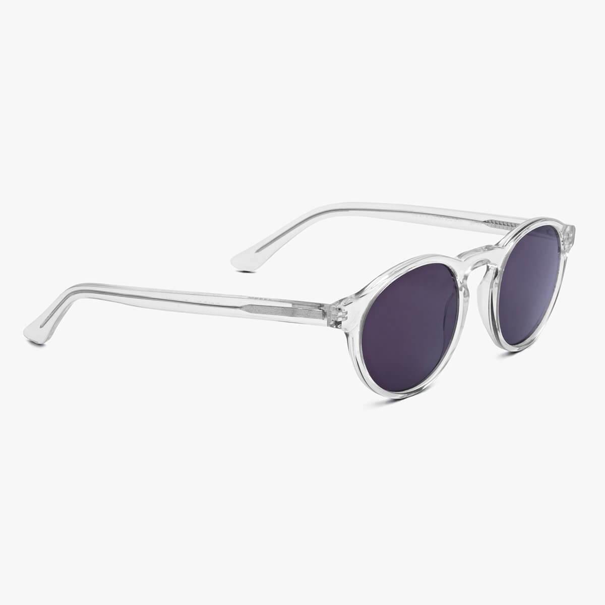 Women's round crystal white sunglasses with dark lenses
